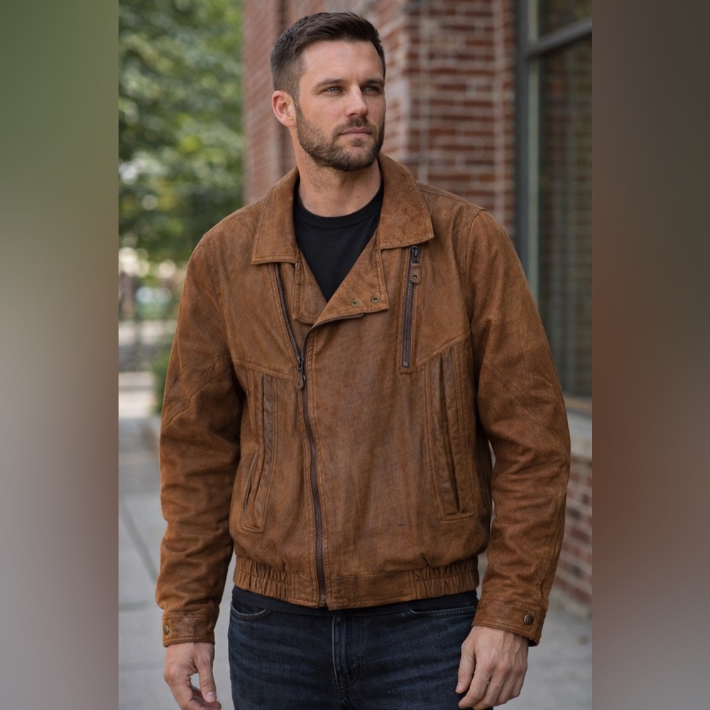 Anchor Blue Tan Leather Bomber Jacket